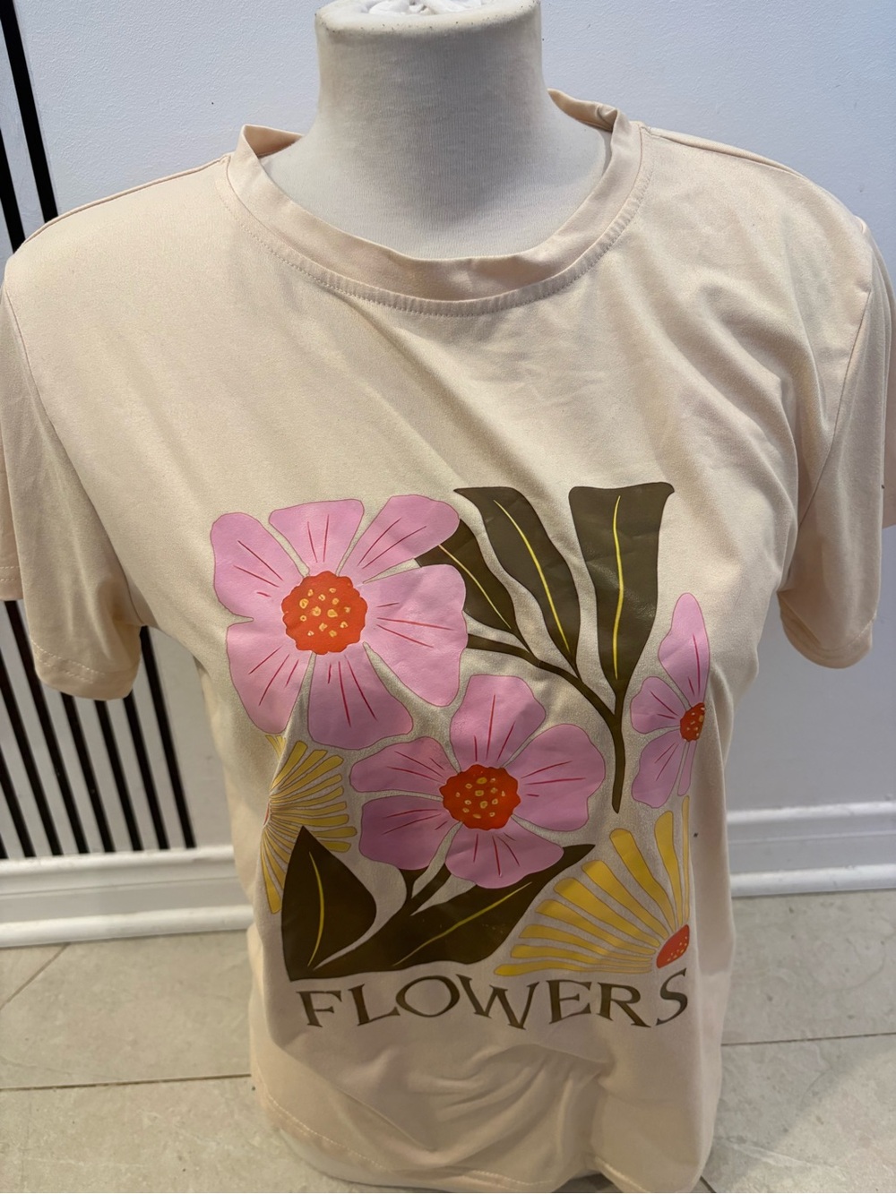 Cream T-Shirt with Pink Floral Graphic - "FLOWERS"